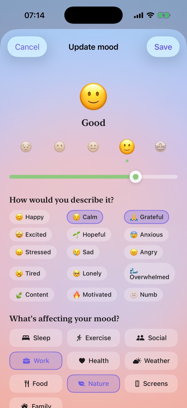 Levia's mood check-in: a five-step mood slider with emotions like Calm and Grateful, and factors such as sleep, work, and nature