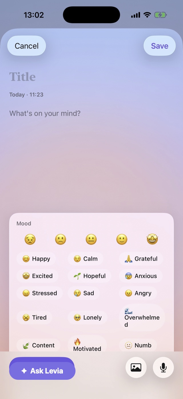 Levia's journal editor: a calm page asking what's on your mind, with a mood picker, photo and voice buttons, and an Ask Levia button